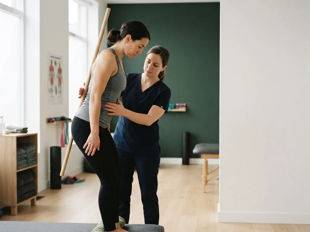 A client practising a hip hinge with a dowel along the spine in Toronto