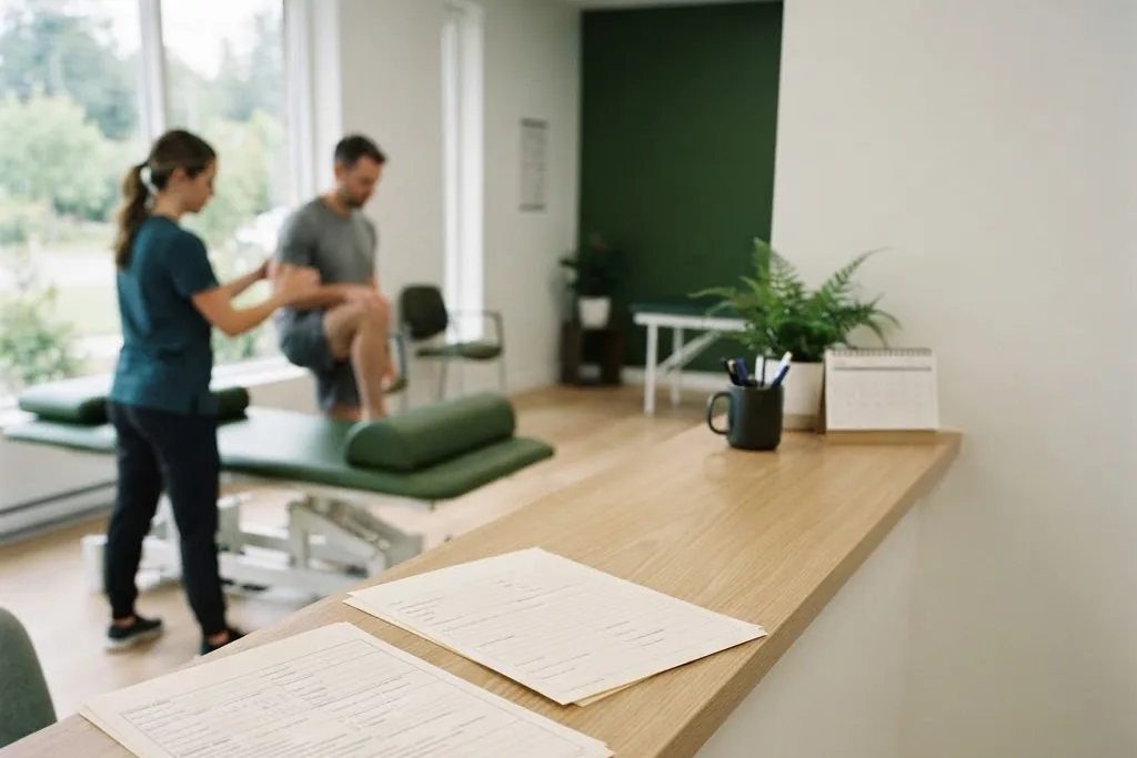 An insurance policy document beside a referral form at a clinic in Toronto