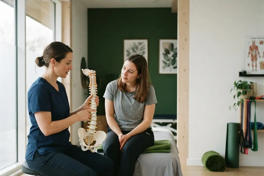 A therapist using a spine model to explain back pain findings to a client in Toronto