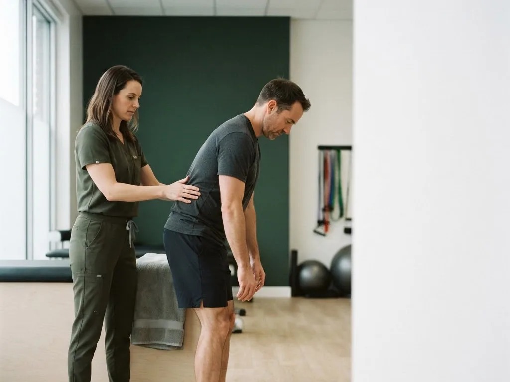 A therapist assessing lumbar movement in a standing client, for back pain physical therapy in Toronto
