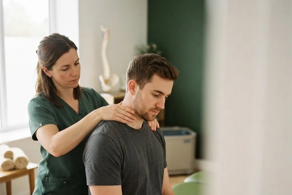 A therapist palpating the upper cervical joints to test a headache link in Toronto