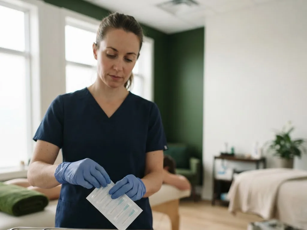 A therapist preparing single use sterile needles for dry needling in Toronto