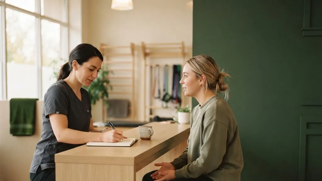 A therapist taking a client's history at a first physical therapy appointment in Toronto