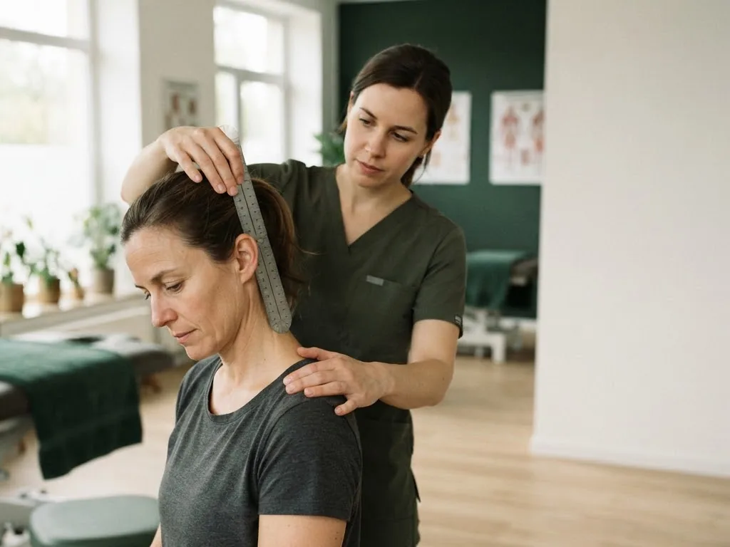 A therapist measuring cervical rotation on a seated client, for neck pain therapy in Toronto